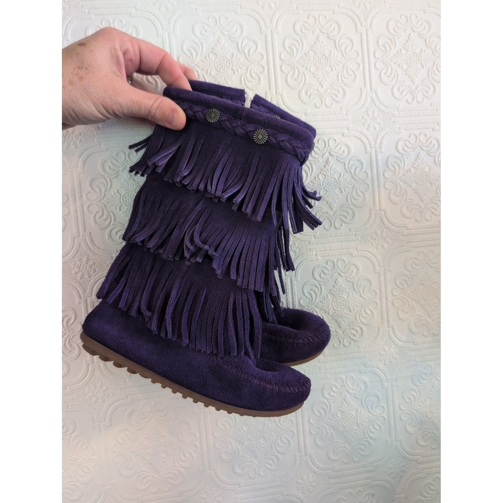 Minnetonka Girls Purple Suede Fringe Boots Size 13 Moccasin